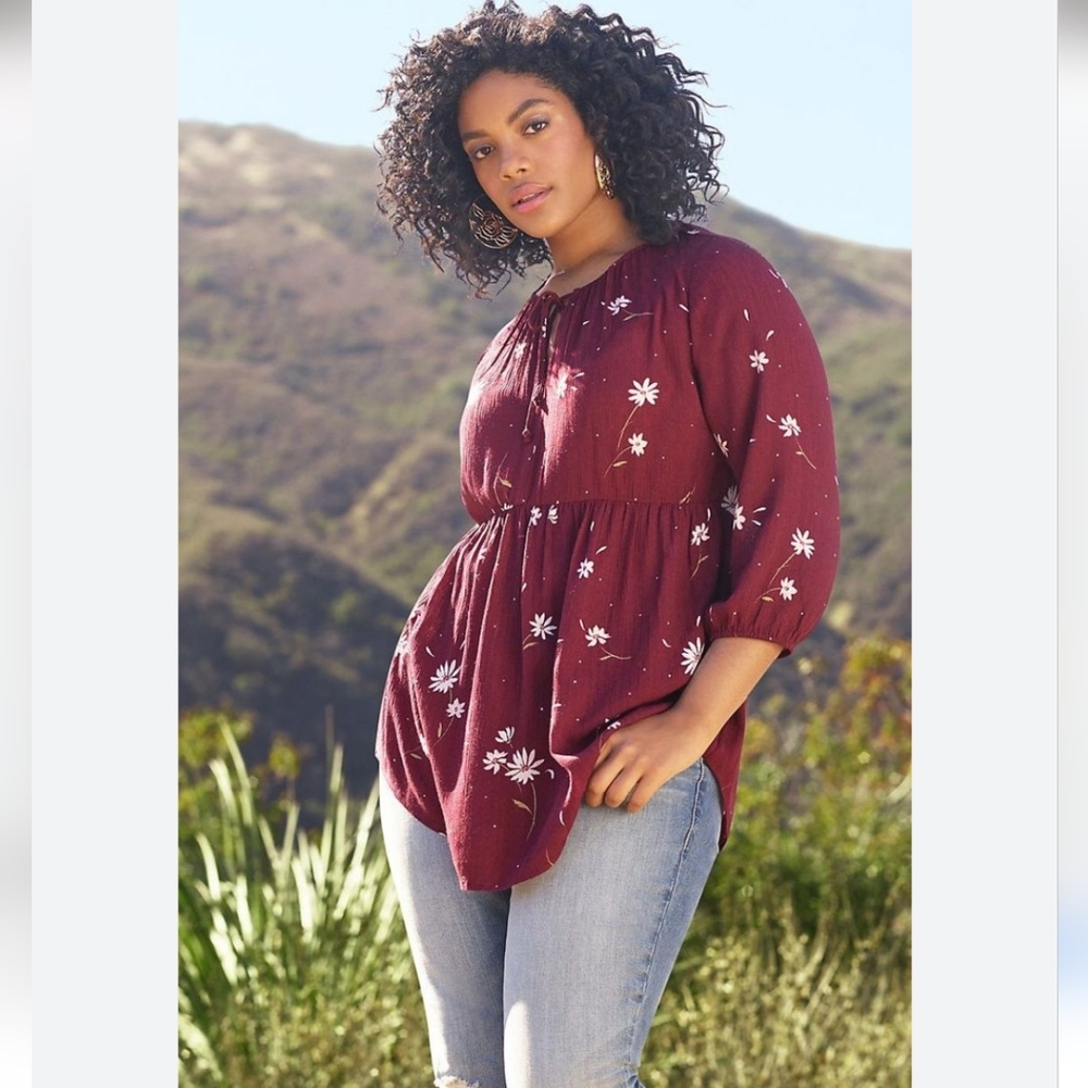 Torrid Burgundy Floral 3/4 Sleeve Tie Front Blouse 3X